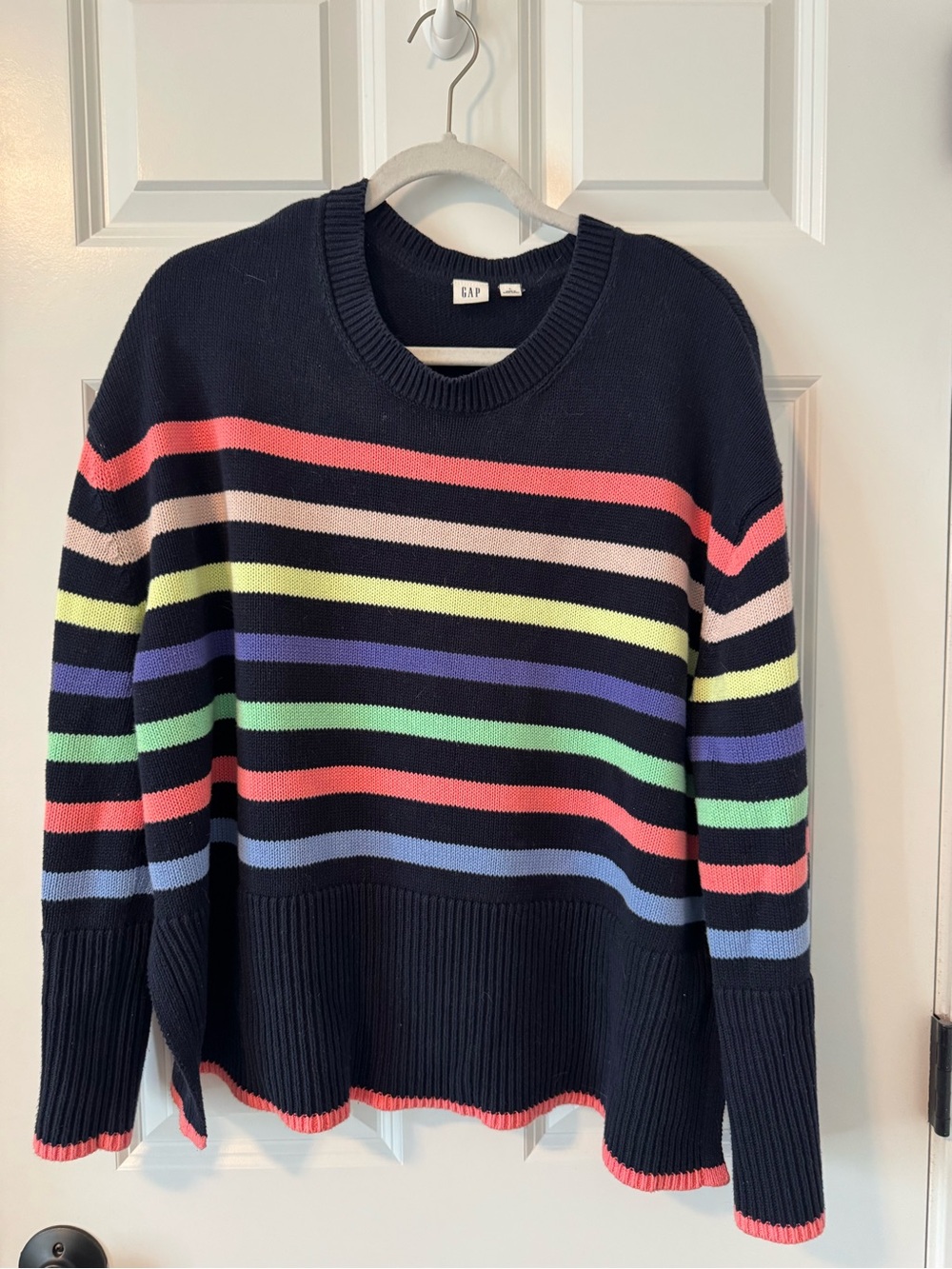 GAP Navy Crewneck Sweater with Multicolor Stripes